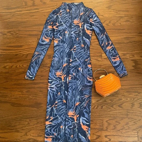 blue midi dress floral Blue Floral Midi Summer Dress with Short Puff Sleeves– PromGirl main image 0